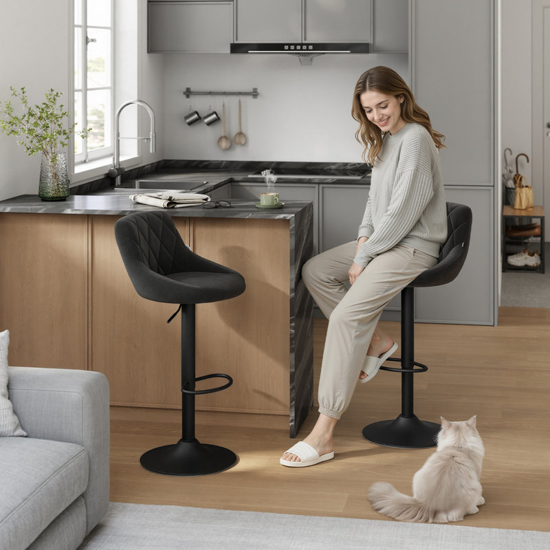 Paynter Swivel Upholstered Adjustable Height Bar Stool with Steel Frame, Black, 1