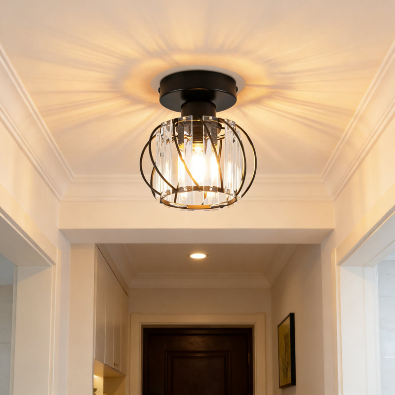 Flush Mount 1-light Black E27 Modern Ceiling Light with Crystal Ambient Lighting Prisms, 15cm H x 16cm W x 15cm D