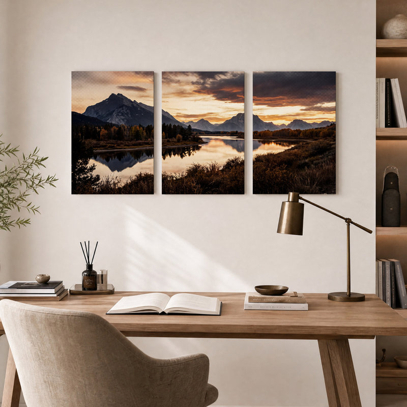 «Mountain River Reflection at Golden Sunset», ensemble de 3 toiles murales, H 24 po x l 16 po x 3 pièces