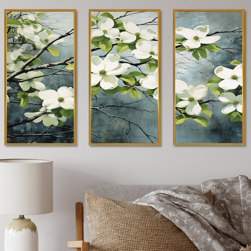 Dogwood Demeanor - Ensemble de décorations murales Dogwood, Cadre flottant doré, H 32 po x l 48 po x P 1 po