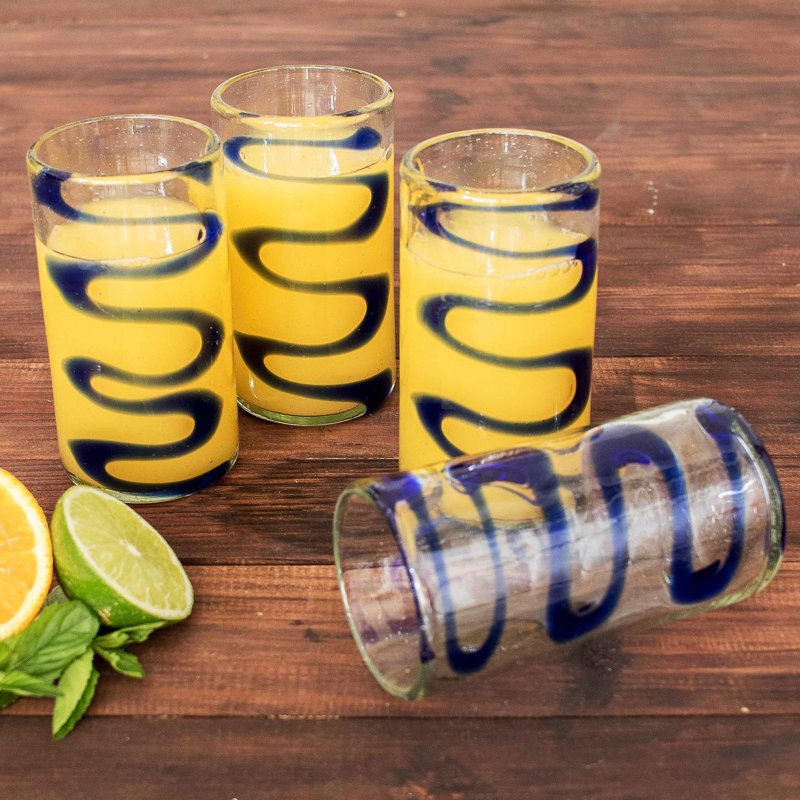 Cantel Blue Wave Hand-Blown 11oz. Highball Glass Set of 4