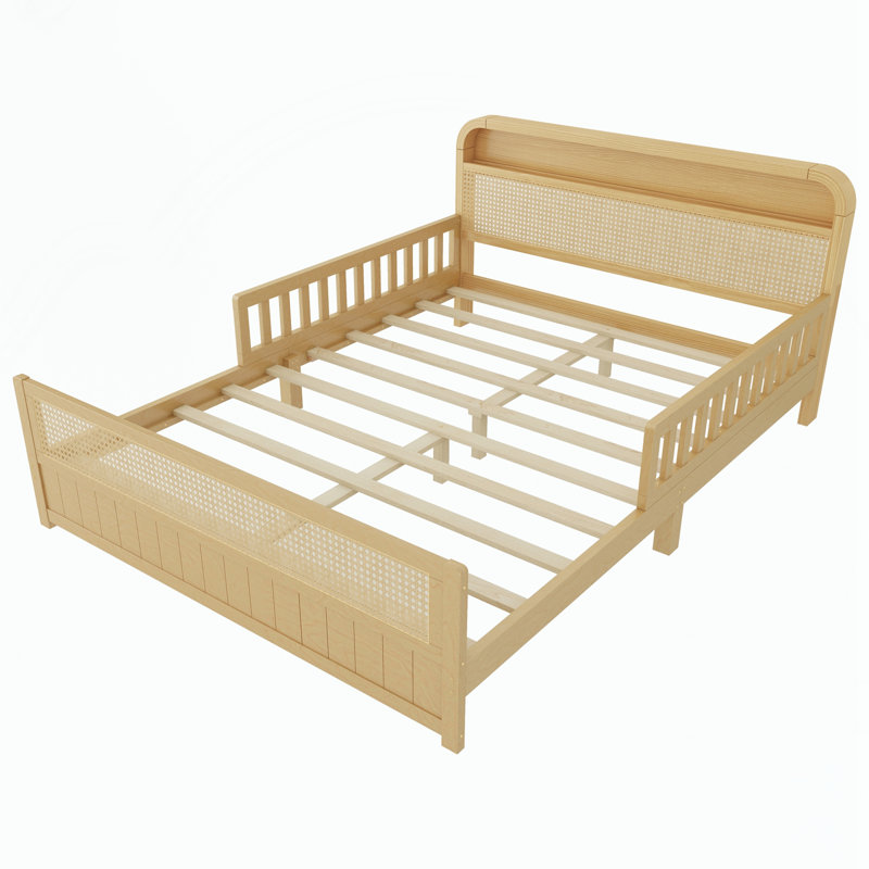 Structure de lit double en rotin avec lumières DEL et tête de lit avec rangement, Full, Natural