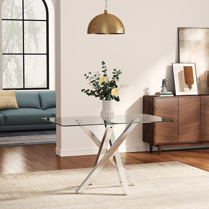 Addicus 130Cm L x 80Cm W Metal and Glass Rectangular Dining Table, Silver/Clear
