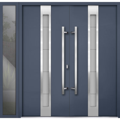 Front Exterior Prehung Metal Double Doors / Deux 1717 Gray Graphite Frosted Glass / Sidelite Exterior Window / Entry Modern Painted Right Inswing Active Door 88" x 80"