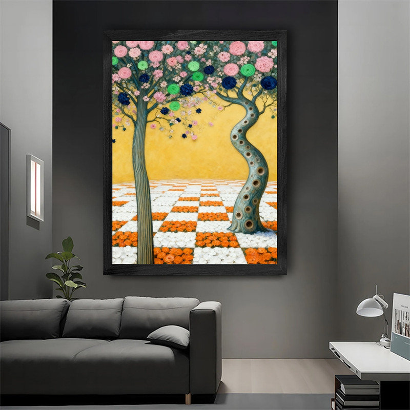 Art mural de style arbre floral noir encadré de style Gustav Klimt, H 25 po x l 17 po