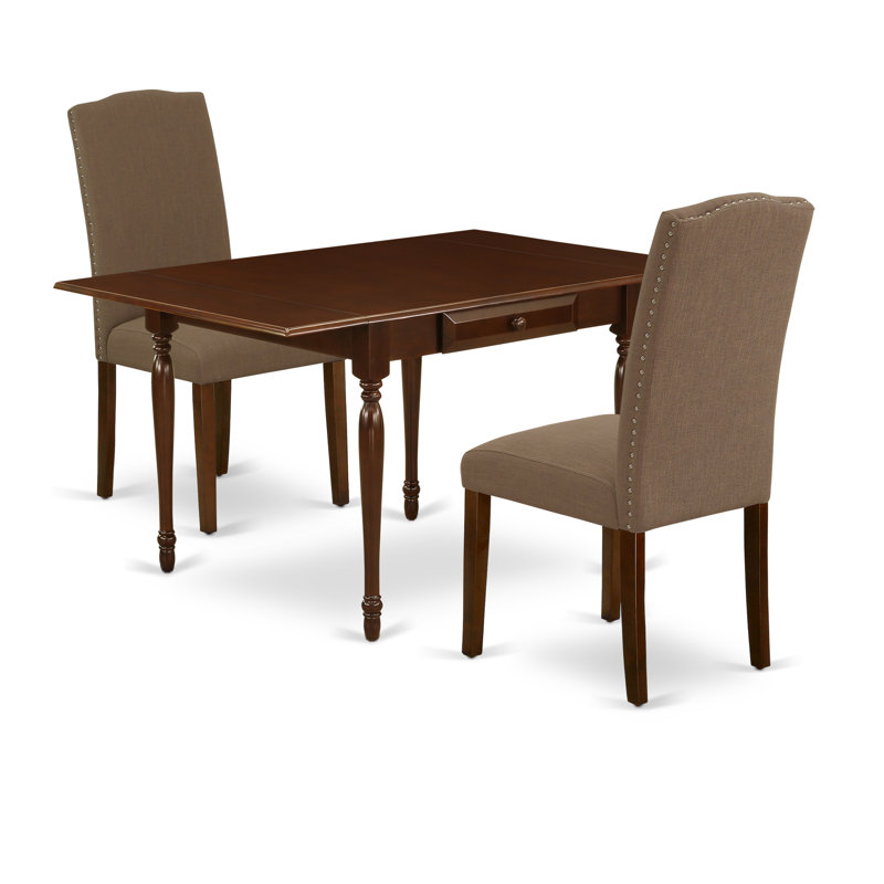 L'ensemble 3 pièces de table et chaises de cuisine contient une table de salle à manger rectangulaire avec Dropleaf et 2 chaises Parsons en tissu de café noir foncé, acajou
