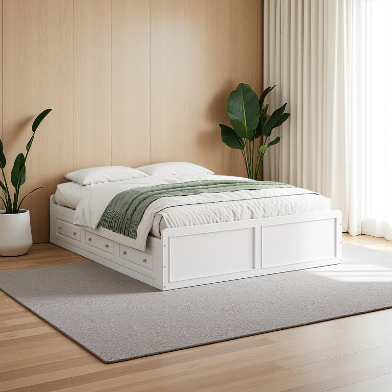 Structure de lit plateforme en bois avec 6 tiroirs, Blanc
