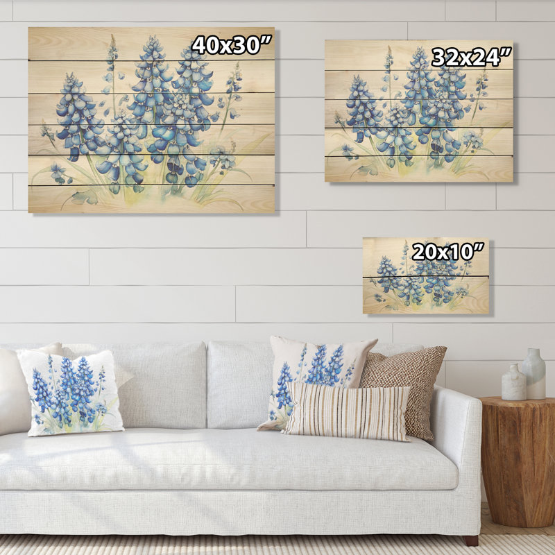 «Blue Bonnets Minimalisme Dream» - art mural en bois bleu sur bois de pin naturel, H 10 po x l 20 po