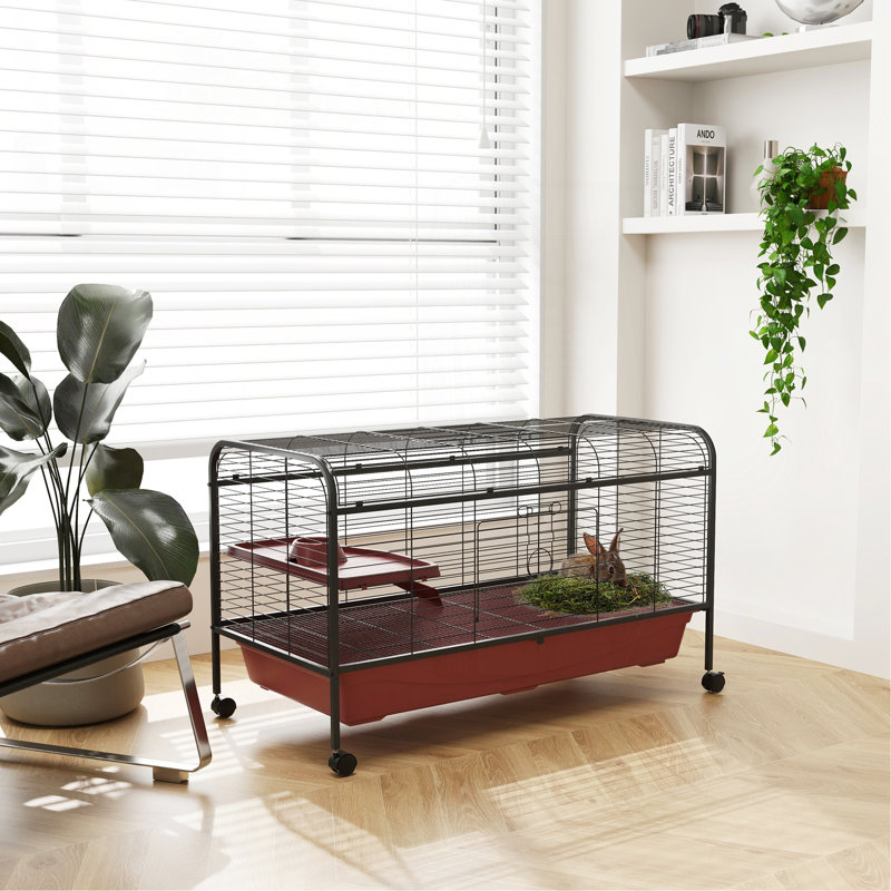 Cage pour petits animaux 48 po, cage à lapins ou furet avec mangeoire, roulettes, plateforme, rampe