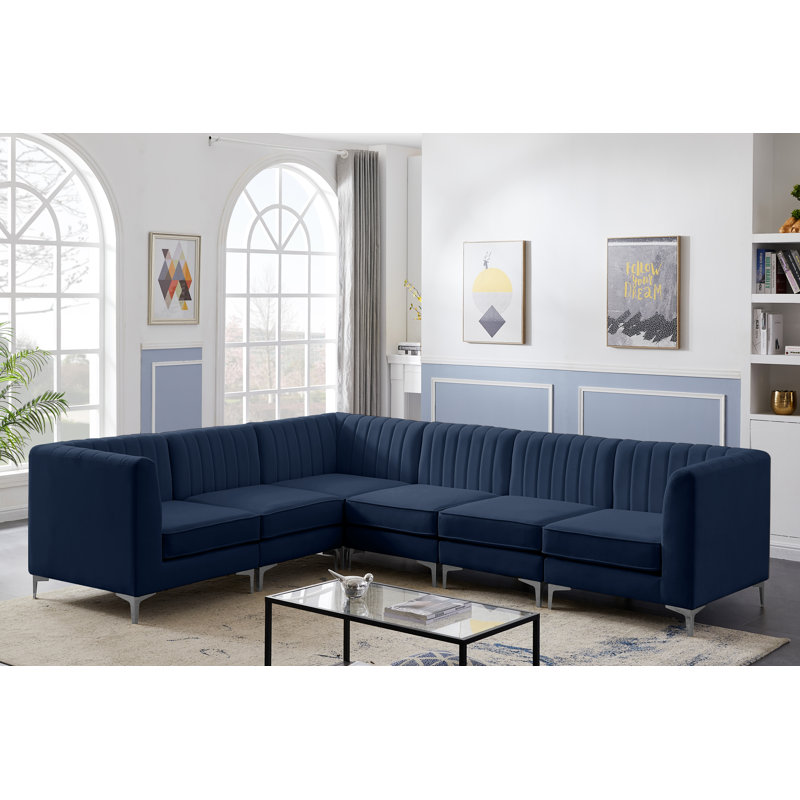 Enson Velvet L-Shaped Sectional Reversible, Navy Velvet