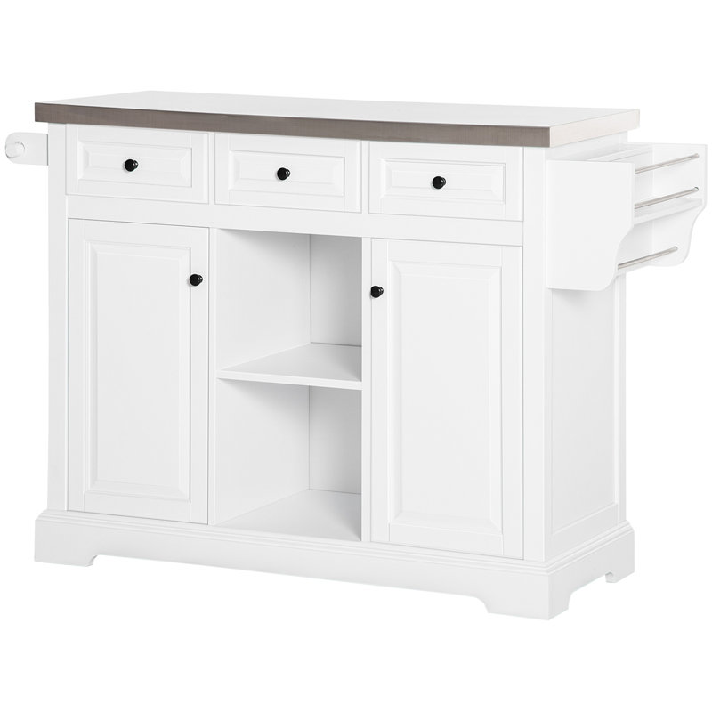 Îlot de cuisine roulant avec rangement, chariot de cuisine avec plateau, support à épices et tiroirs, blanc