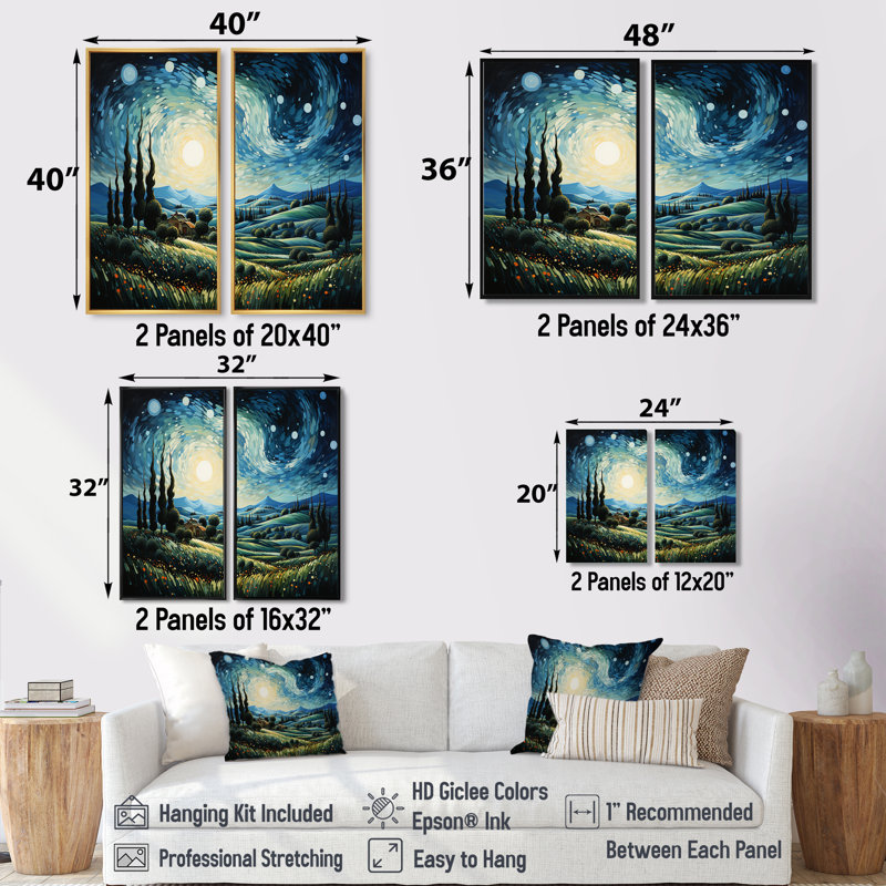 Vangogh, le cyprès se balançant I - art mural bleu sarcelle, H 36 po x l 48 po, Impression encadrée flottante, Noir