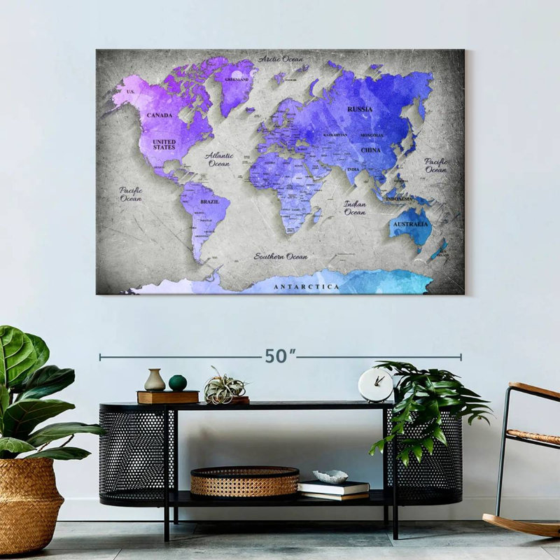 Carte du monde sur toile, impression sur toile, H 34 po x l 51 po x P 1,25 po
