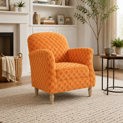 Fauteuil d'appoint en velours côtelé à carreaux, pieds fuselés en bois massif, beige, orange et gris, pour salon et chambre