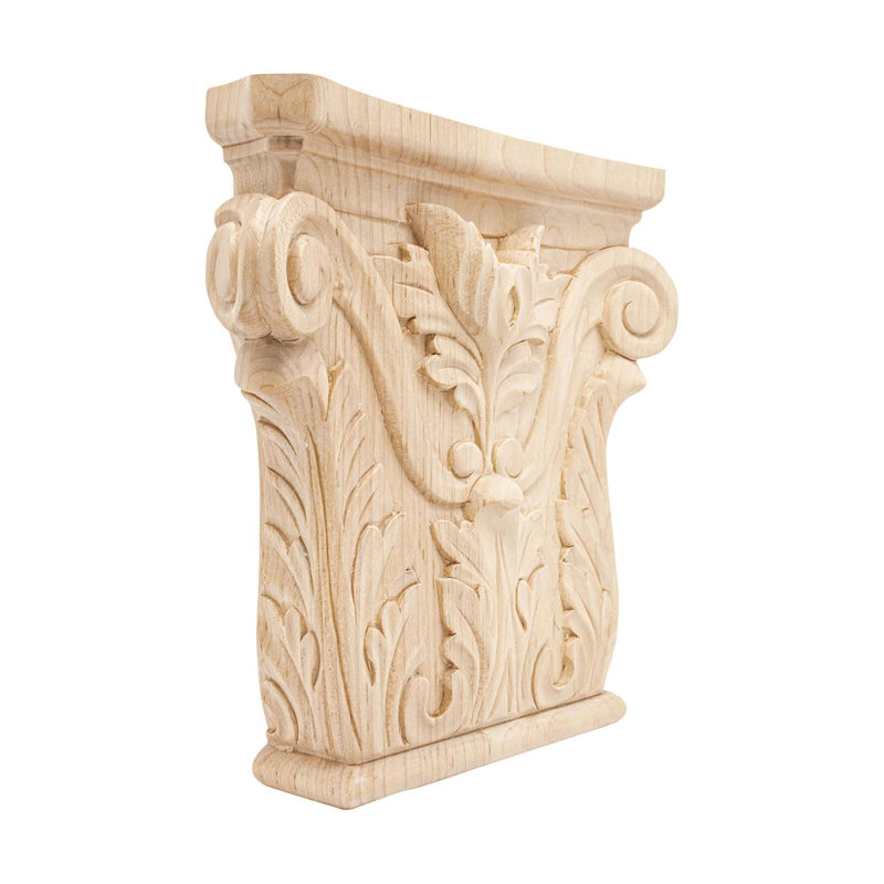 8-1/8 in x 8-1/8 in x 1-5/8 in Unfinished Solid Acanthus Wood Onlay Capital Wood Applique, Hard Maple