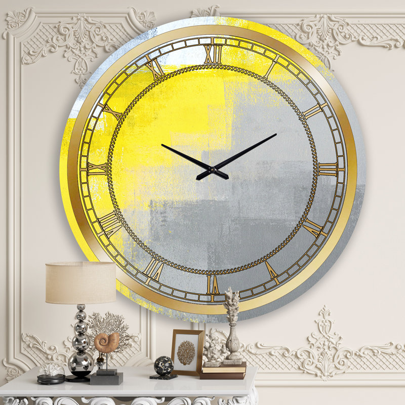 Gris et jaune bleu abstrait IV - horloge murale moderne, Grand
