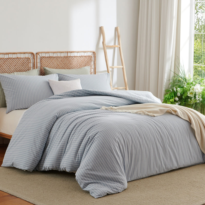 Ensemble de housse de couette à rayures 100% coton délavé, Bleu, Housse de couette pour très grand lit et 2 taies 