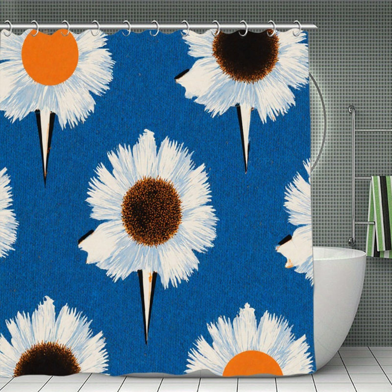 Marguerites blanches sur rideaux de douche bleus, 71 x 71