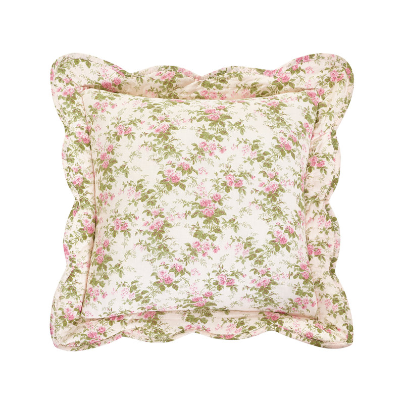 Ivory and Pink Embroidered Floral Square Pillow