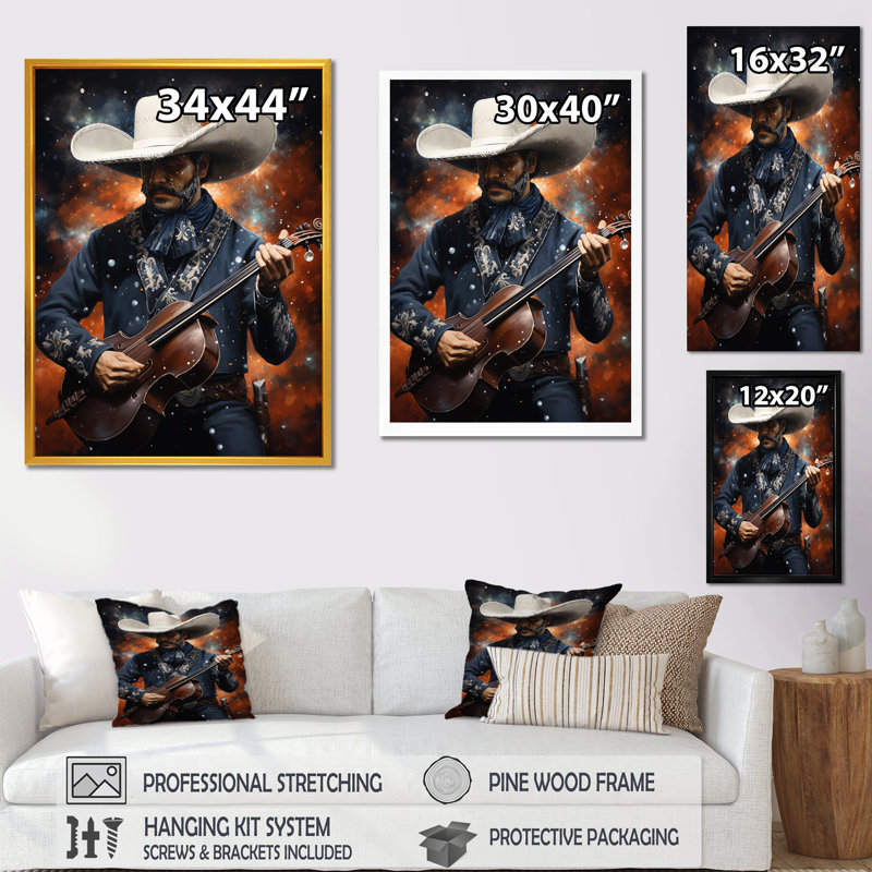 Mariachi, mélodie, guitare - art mural mexicain, Toile tendue, H 44 po x l 34 po x P 1,5 po