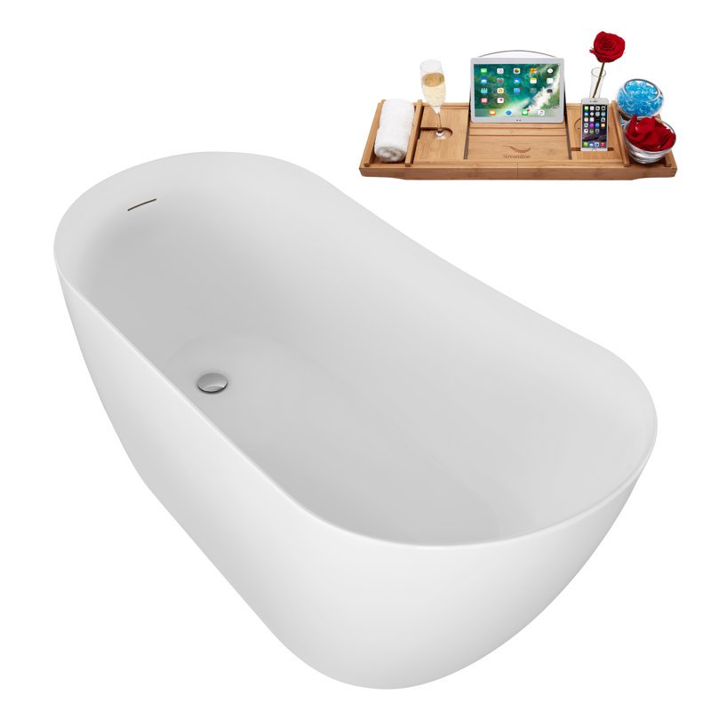 Baignoire autoportante en acrylique 59 ", plateau en bambou, drain Streamline, Chrome poli