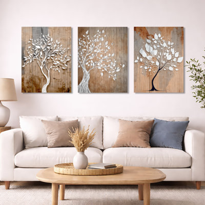 Arbre blanc de la vie sur bois - Décoration murale encadrée 3 panneaux