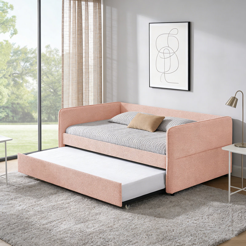 Full Size Upholstered Tufted Sofa Daybed With Twin Pop-Up Trundle, Soft Boucle Fabric (83"X58.5"X29.5"), Full , Pink