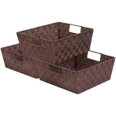 Woven Basket Bin Set - Shelf Storage Tote Baskets For Household Items - Stackable With Woven Straps & Built-in Carry Handles
