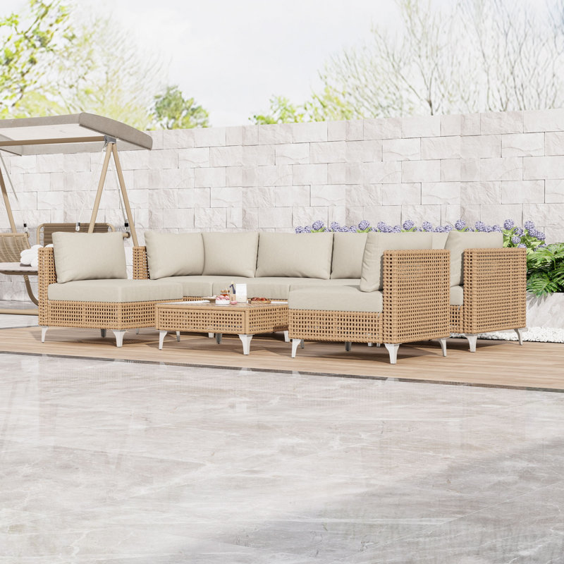 Ensemble de conversation de patio en osier 7 pièces avec canapé modulaire, coussins et table basse pour le jardin ou la cour