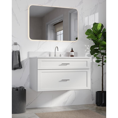  Meuble-lavabo mural flottant simple 36 po avec comptoir en quartz Carrara