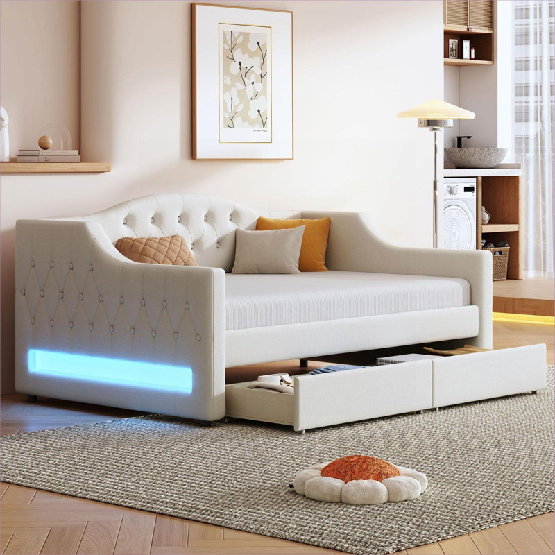 Upholstered Solid Wood Twin XL Daybed, Under-Bed Storage Sleeper with LED Accent Lighting, Soft Beige, Brown