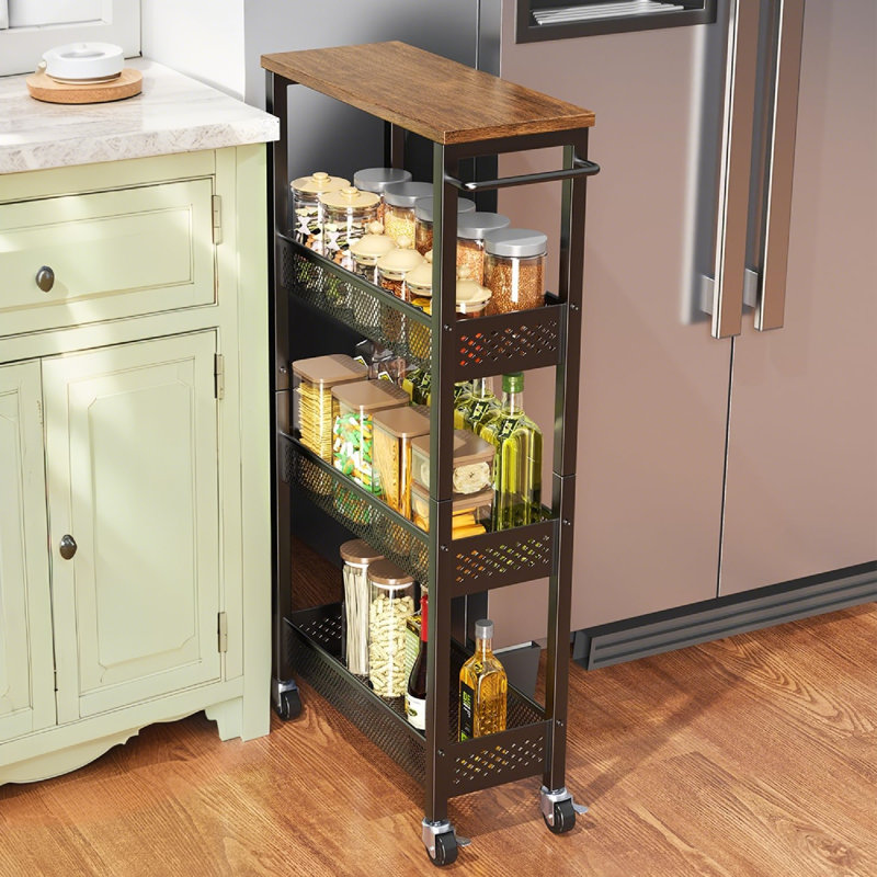 Slim Rolling Storage Cart With Wooden Top For Small Spaces (Maximize Kitchen Organization And Style)