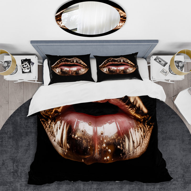 Ensemble de housse de couette Rosegold Lips Of Luxury Bedding, Housse de couette pour grand lit et 2 taies décor