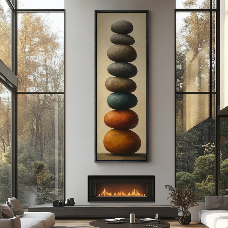 Stacked Zen Art  Large Pictures Framed Canvas Print Wall Art, 60" H x 20" W, Black