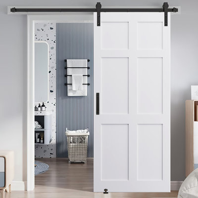 Dalle de porte apprêtée à six panneaux Crazy ELF, porte de panneau de bricolage, porte de grange intérieure moderne, imperméable, anti-déformation, pré-percée prête à assembler, convient aux portes pré-suspendues et aux portes de grange