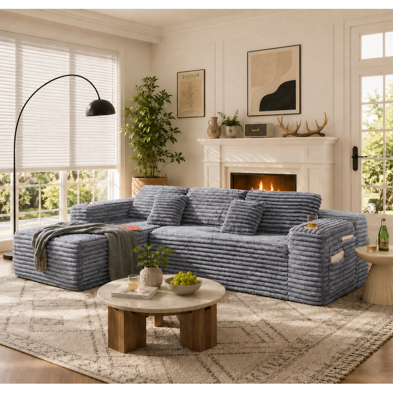 Boneless 106" L-Shape Sectional Couches For Living Room, Cloud Sofa With Chaise, Modern Upholstered Boneless Couch With Deep Seat, Cup Holder & Side Pocket, Sofa Pillows, No Assembly Required