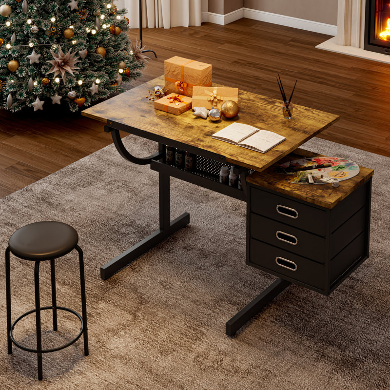 Table à dessin à hauteur réglable avec tabouret, table à dessin avec plateau inclinable de 0 à 70 po, table de travail d'artiste et de peinture au diamant avec tiroirs de rangement pour artistes peintres illustrateurs