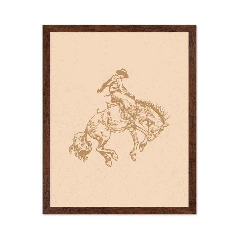 Cowboy beige chevauchant un cheval sauvage, Poster, 11"H x 14"W, Brown Framed