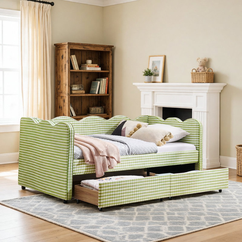 Twin Size Cozy Gingham Daybed with Two Storage Drawers, with USB Port and Adorable Wave Shaped, Linen Fabric, Green