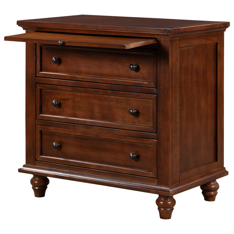 28''Nightstand With Pine Wood Veneer , Fashion Bedside Cabinet With 3 Drawers And Pull-Out Tray, Minimalist Sofa Side Table With Rubber Legs And Metal Handle For Bedroom Sofa Couch Office