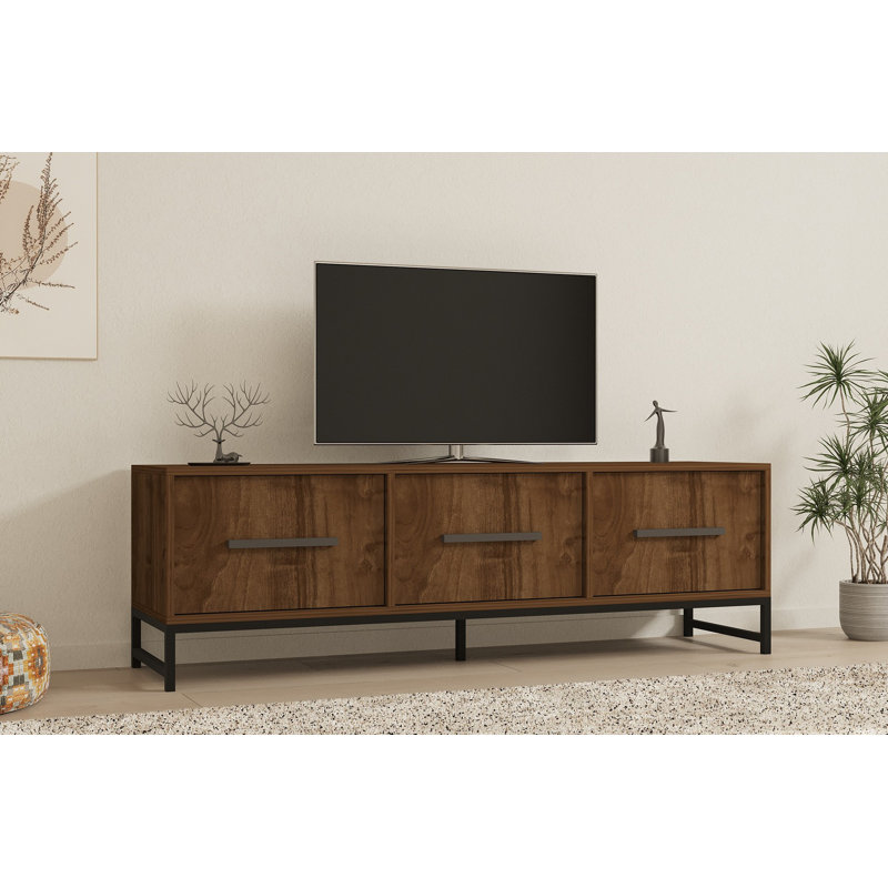 Modern TV Stand, Walnut Color, 63.0 x 19.7 x 15.7 inches | 100% Melamine Coated Particle Board, Thickness: 0.7 inches | Wall-Mountable with Numerous Shelves for Extra Storage, Stylish Industrial Design