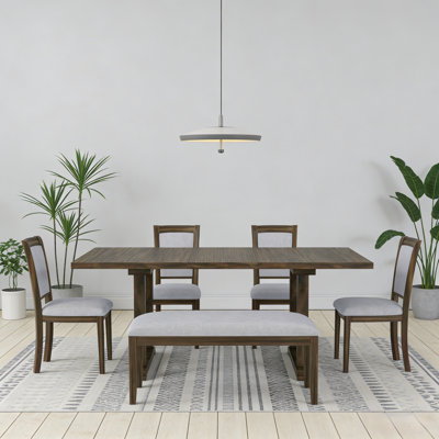 6-Piece 76.9Inch Extendable Trestle Dining Table Set With Removable Leaf, Upholstered Chairs & Bench