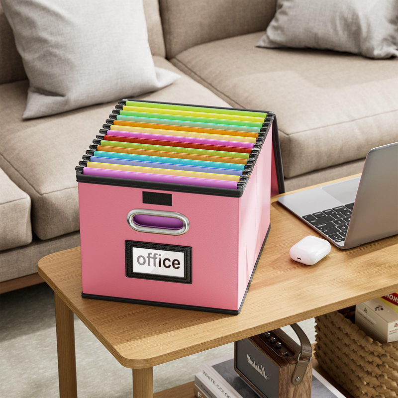 Pink Leather Collapsible File Organizer Box with Lid