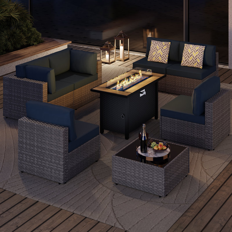 Ensemble de sièges de patio extérieur pour 6 personnes avec coussins, Marine, Argent