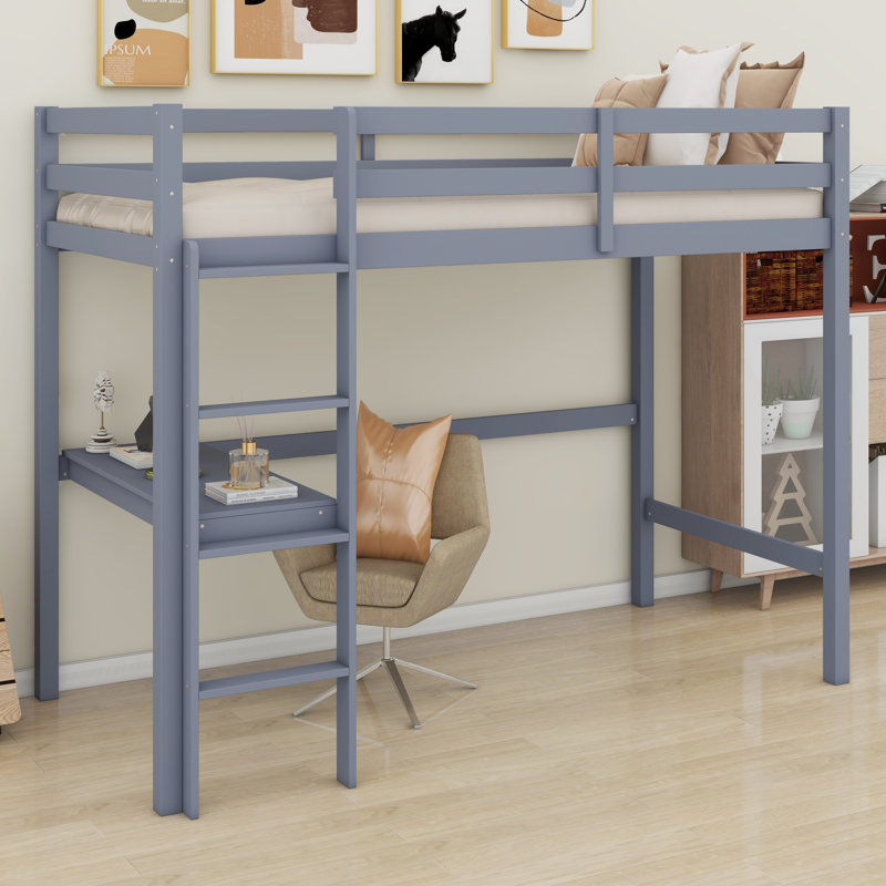 High Loft Bed, Wood Loft Bed With Safety Guardrail, Built-In Desk, Ladder, Gray