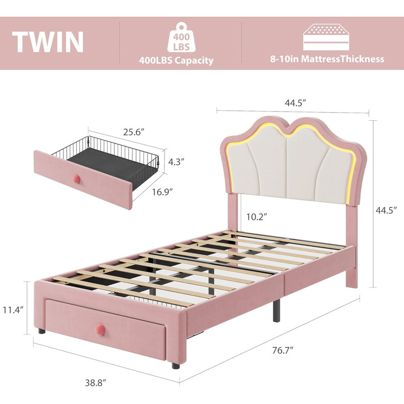 Cadre de lit simple avec rangement, cadre de lit tapissier à DEL avec tête de lit, joli lit plateforme en velours, White