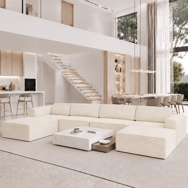Modular Corduroy Boneless Sofa With 2 Ottomans, No Assembly Required, With High Rebound Sponge, 93" H x 404" W x 205" D