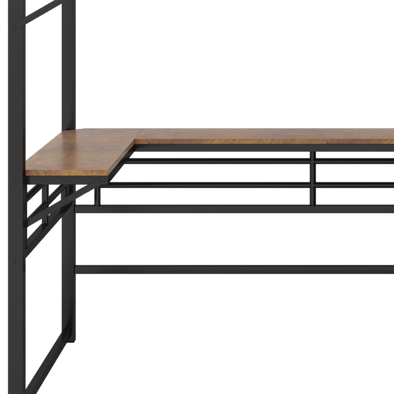 Lit mezzanine en métal avec tablettes et bureau en L, Noir