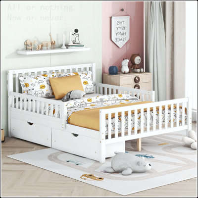 Full Size Wood Platform Bed with Storage Drawers and Safety Guardrails