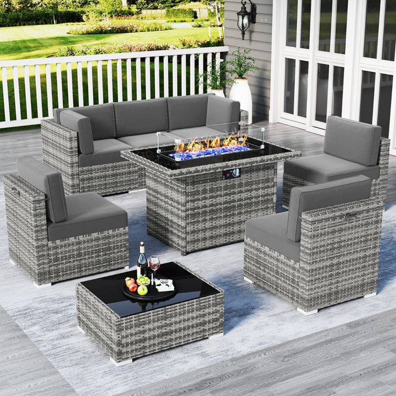 8 Piece Patio Furniture Set with 44" Propane Gas Fire Pit Table, Outdoor Sectional Conversation Set Wicker Rattan Sofa Set with Coffee Table